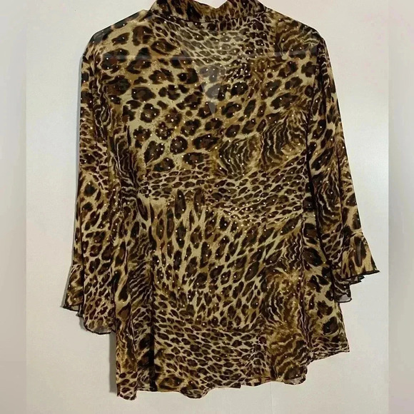 Dressbarn women  leopard 3/4 bell sleeves brown lightweight animal print blouse - Picture 4 of 9